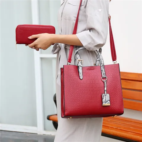 Set di Borse Tote da Donna 2 Pezzi in Pelle PU con Motivo a Coccodrillo Manico in Trama di Serpente Borsa a Tracolla con Portafoglio