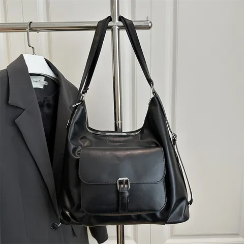 Bolso Tote de Cuero PU Retro de Gran Capacidad para Mujer Color Sólido Simple Bolso de Hombro Hobo Con Bolsillo Delantero