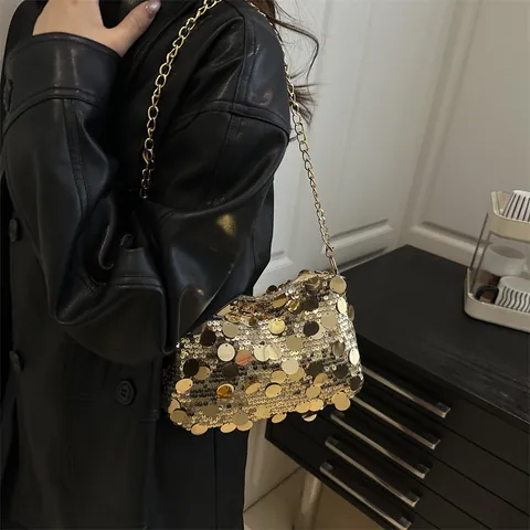 Women's Fashion Sequin Chain Small Square Bag PU Leather Metallic Glitter Shoulder Crossbody Bag For Party Evening
