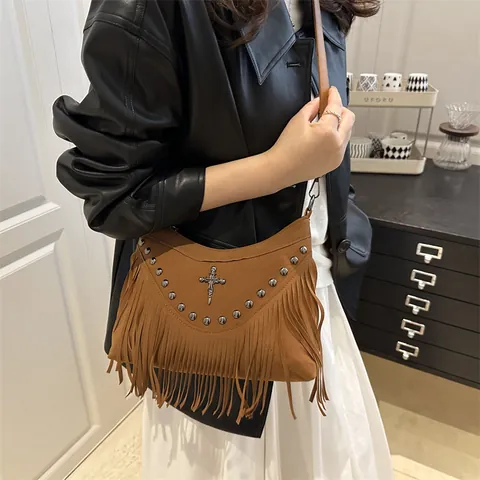 Women Vintage Bohemian Tassel Shoulder Bag Retro Suede Look Studded Crossbody Bag With Gothic Cross Pendant Rivets Fringe Hobo Bag