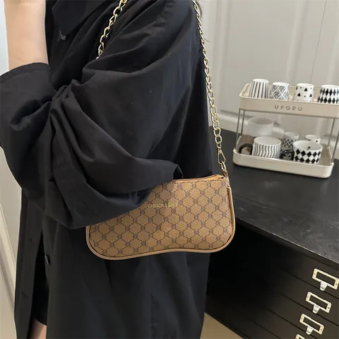 Vintage Monogram Onderarmtas PU Leer Goud Ketting Schoudertas Voor Vrouwen Mode Afdrukken Casual Tote Bag Voor Dagelijks Gebruik