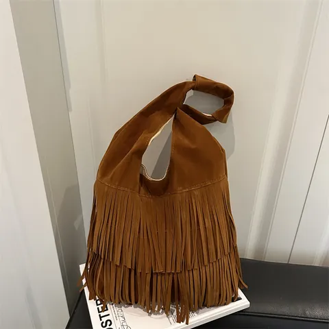 Bolso Tote de Gamuza Sintética Vintage con Borlas para Mujer Gran Capacidad Bolso de Hombro Bohemio Color Sólido Bolso Hobo Casual