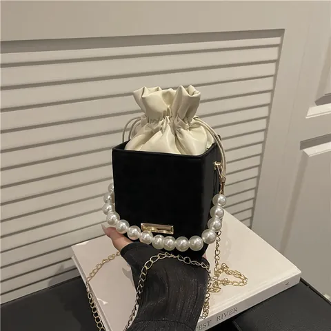 Women PU Leather Square Bucket Bag With Artificial Pearl Handle Gold Chain Drawstring Leopard Pattern Crossbody Shoulder Bag