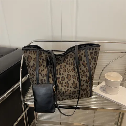 Bolso Tote con Estampado de Leopardo para Mujer Gran Capacidad Bolso de Hombro Shopping Con Bolsa a Juego Gamuza Bolso de Mano