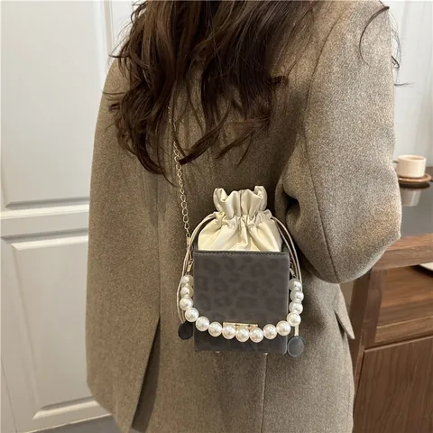 Women PU Leather Square Bucket Bag With Artificial Pearl Handle Gold Chain Drawstring Leopard Pattern Crossbody Shoulder Bag