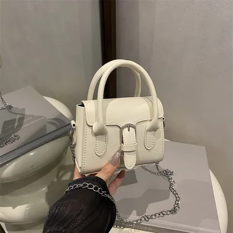 Mini Borsa a Mano da Donna in Pelle PU con Decorazione a Fibbia Argentata e Tracolla a Catena Borsa a Tracolla Moda