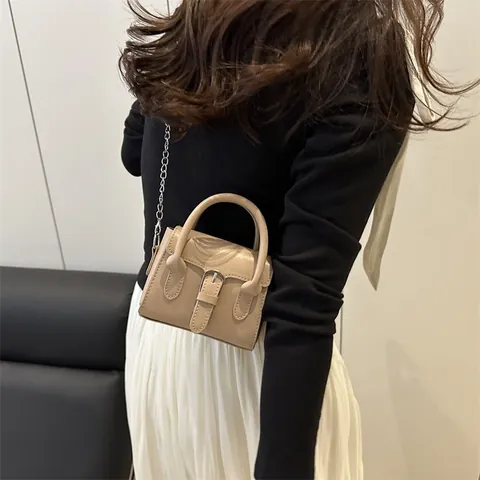 Mini Borsa a Mano da Donna in Pelle PU con Decorazione a Fibbia Argentata e Tracolla a Catena Borsa a Tracolla Moda