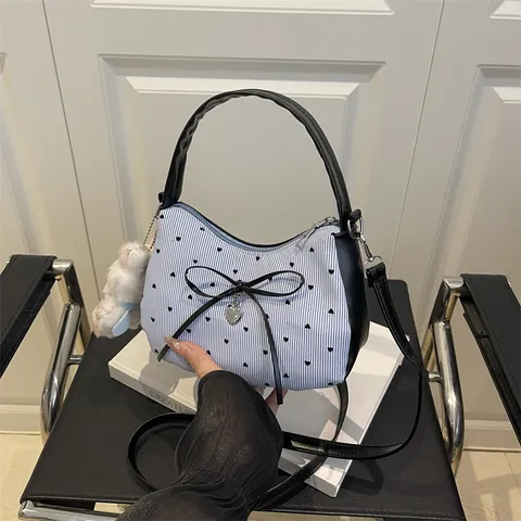 Sweet Cool Bow Heart Print Underarm Bag Women PU Leather Fabric Striped Moon Shoulder Crossbody Bag Fashion Niche Handbag