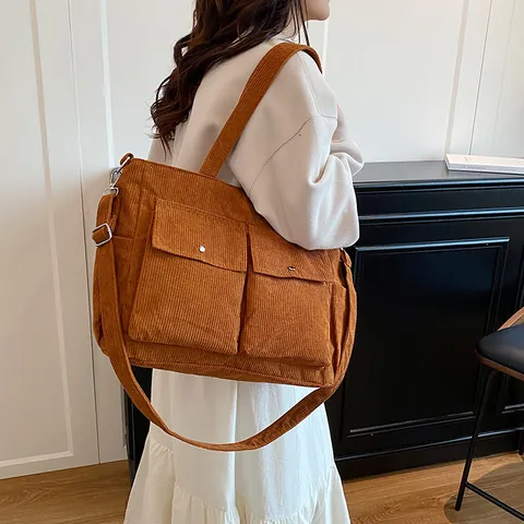 Large Capacity Corduroy Tote Bag For Women Minimalist Multi Pocket Shoulder Bag Casual Commuter Crossbody Bag Handbag