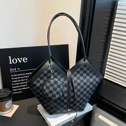 Borsa Tote da Donna Vintage con Stampa a Scacchiera Grande Capacità in Pelle PU Set con Mini Portamonete Borsa a Tracolla Casual Pendolare