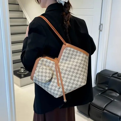 Borsa Tote da Donna Vintage con Stampa a Scacchiera Grande Capacità in Pelle PU Set con Mini Portamonete Borsa a Tracolla Casual Pendolare