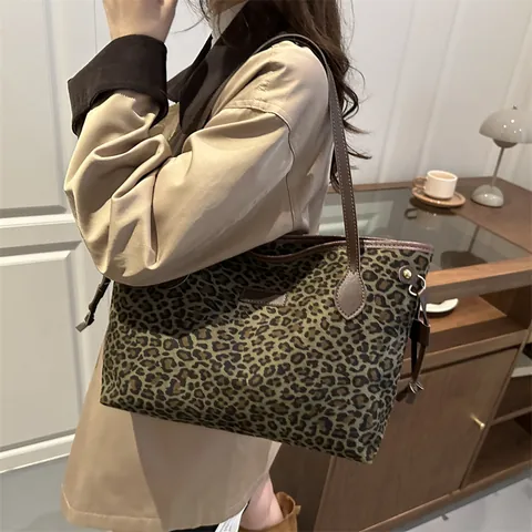 Borsa Tote da Donna con Stampa Leopardata Grande Capacità Tela Pelle PU Borsa a Spalla Urban Minimalista Casual Pendolare