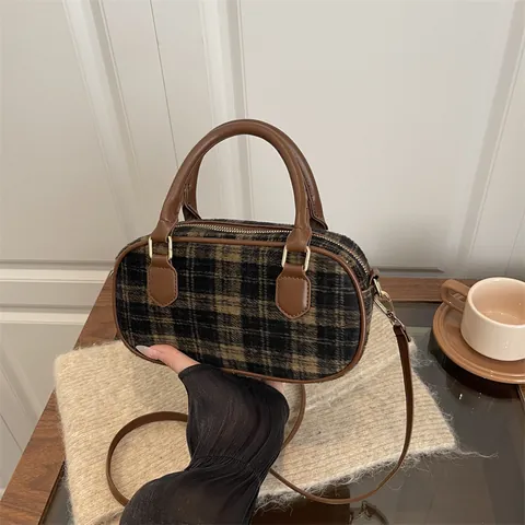Vintage Karierte Woll Boston Tasche Für Damen Mode Gitter Schulter Umhängetasche Handtasche Mit PU Ledergriffen Und Verstellbarem Riemen