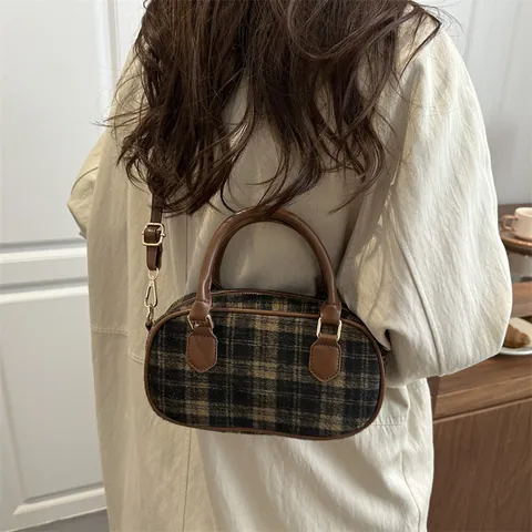 Vintage Karierte Woll Boston Tasche Für Damen Mode Gitter Schulter Umhängetasche Handtasche Mit PU Ledergriffen Und Verstellbarem Riemen