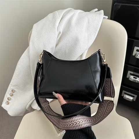 Women Retro PU Leather Underarm Bag Shiny Minimalist Shoulder Bag With Wide Jacquard Strap Fashion Daily Crossbody Handbag