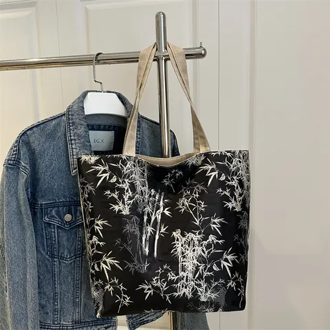 Bolso Tote de Lona con Estampado de Bambú de Gran Capacidad Bolso de Hombro Informal para Mujer Estilo Vintage de Tinta para Compras