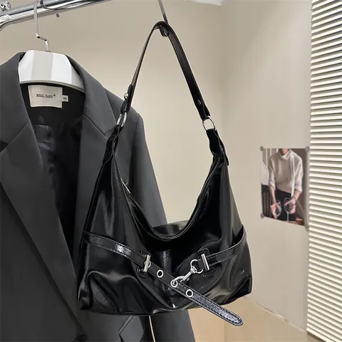 Women Large Capacity Shiny PU Leather Shoulder Bag Vintage Hobo Underarm Bag With Silver Hardware Zip Closure Solid Color Daily Tote