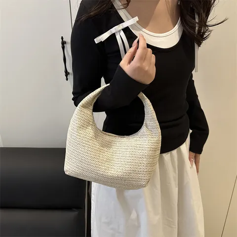 Borsa a Mano Minimalista in Paglia Intrecciata per Donna Vacanza al Mare Borsa Hobo Casual Fatta a Mano in Paglia