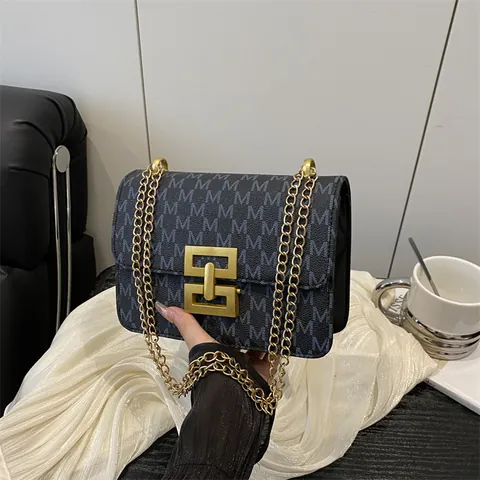Women's Vintage M Monogram Print PU Leather Small Square Bag With Gold Chain Strap Metal Lock Fashion Crossbody Shoulder Bag