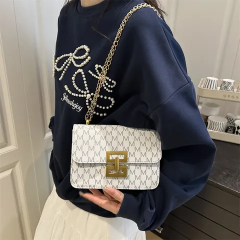 Women's Vintage M Monogram Print PU Leather Small Square Bag With Gold Chain Strap Metal Lock Fashion Crossbody Shoulder Bag
