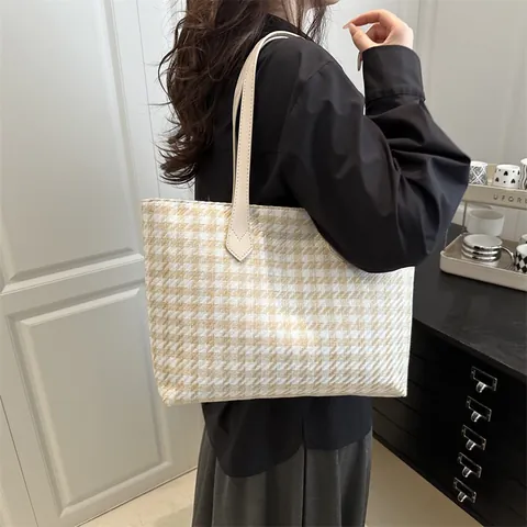 Women's Houndstooth Tote Bag Large Capacity Canvas Shoulder Bag Urban Minimalist Handbag With Zipper For Commuting Daily