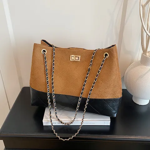 Bolso Tote Acolchado con Cadena para Mujer Minimalista Urbano Color en Contraste Cuero PU Ante Bolso de Hombro con Cierre de Giro