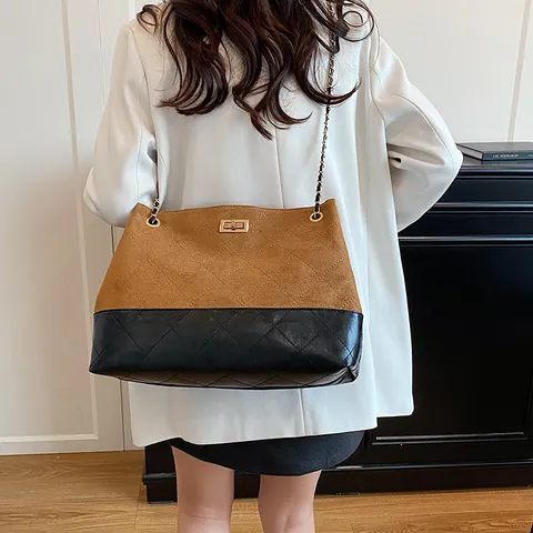 Bolso Tote Acolchado con Cadena para Mujer Minimalista Urbano Color en Contraste Cuero PU Ante Bolso de Hombro con Cierre de Giro