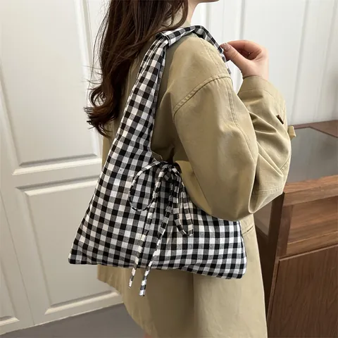 Sac Fourre-tout Rétro à Carreaux Vichy pour Femmes Grande Capacité en Tissu Oxford avec Nœud Style Coréen Sac de Shopping