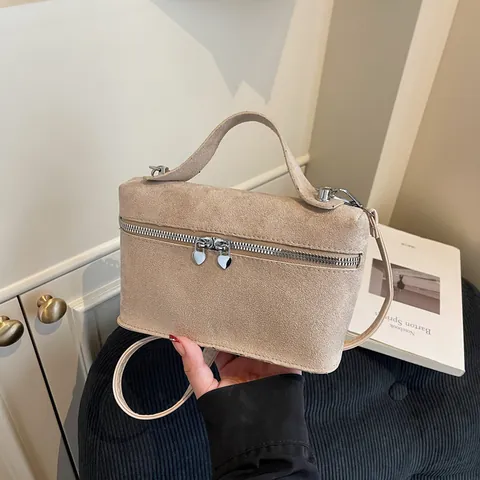 Women's Faux Suede Box Crossbody Bag Frosted Texture Minimalist Handbag With Heart Shaped Zipper Pulls Top Handle Shoulder Bag