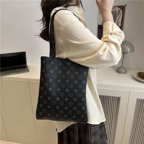 Borsa Tote Vintage con Stampa Floreale Stella e Monogramma in Pelle PU Borsa a Spalla Sottoascella Minimalista Moda Donna