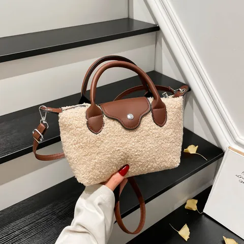 Fashion Women Plush Handbag PU Leather Splicing Small Tote Bag Casual Shoulder Crossbody Bag Elegant Autumn Winter Purse