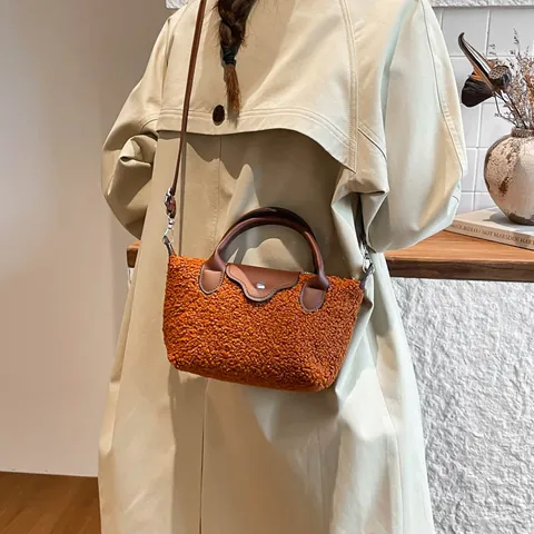 Fashion Women Plush Handbag PU Leather Splicing Small Tote Bag Casual Shoulder Crossbody Bag Elegant Autumn Winter Purse