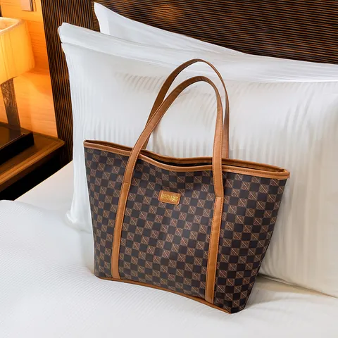 Sac Cabas Femme Vintage Damier Grande Capacité en Similicuir Sac à Main Épaule pour Trajet Quotidien Travail