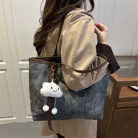 Damen Vintage Tragetasche Mit Großer Kapazität Denim Canvas Shopper Mit Wolkenanhänger Lässige Schultertasche Für Pendler