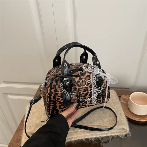 Women Y2K Gothic Leopard Print Boston Bag PU Leather Shoulder Bag With Metal Chain Cross Pendant Lace Bow Handbag