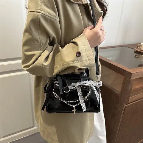 Women Y2K Gothic Leopard Print Boston Bag PU Leather Shoulder Bag With Metal Chain Cross Pendant Lace Bow Handbag