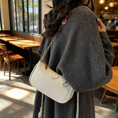 Women Retro Lychee Texture PU Leather Underarm Bag With Gold Chain Strawberry Charm Small Shoulder Crossbody Bag For Daily Travel