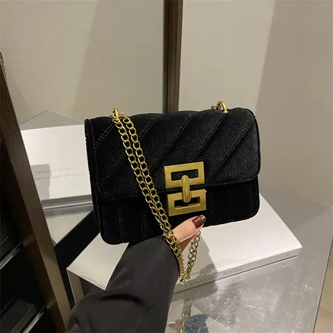 Dames Vintage Fluweel Gevoerde Crossbody Tas Met Gouden Ketting Geometrisch Metalen Slot Mode Schouder Kleine Vierkante Tas