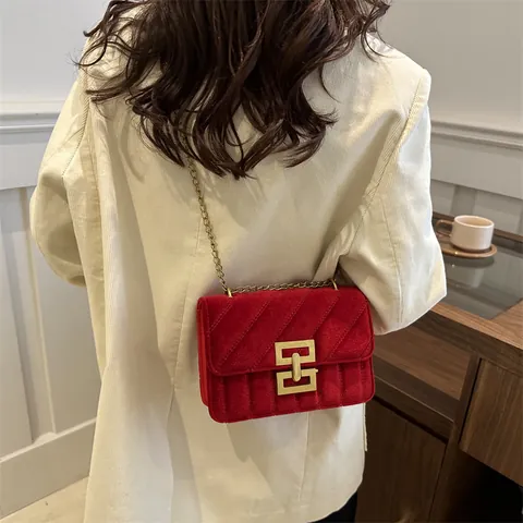 Dames Vintage Fluweel Gevoerde Crossbody Tas Met Gouden Ketting Geometrisch Metalen Slot Mode Schouder Kleine Vierkante Tas