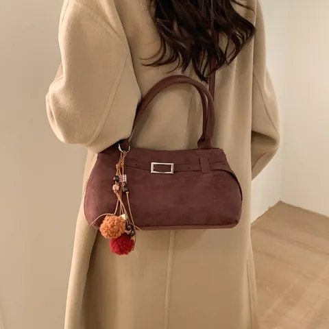 Women's Retro Minimalist Faux Suede Tote Bag Large Capacity Shoulder Handbag With Pompom Charm Solid Color Hobo Bag