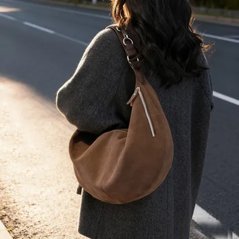 Borsa a Spalla Hobo a Mezzaluna Grande Capacità Donna in Similpelle Scamosciata PU Borsa Sottobraccio Minimalista Retro