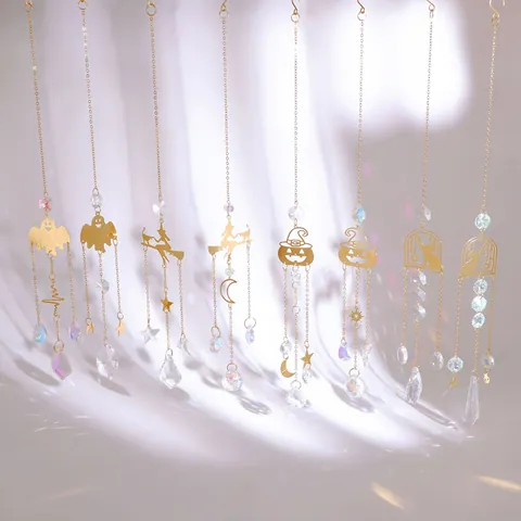 Halloween Crystal Suncatcher Gold Metal Hanging Ornament Ghost Pumpkin Witch Cat Pendant Garden Window Decor Gift