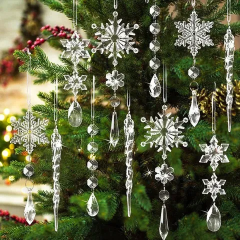 Christmas Tree Ornaments Clear Acrylic Crystal Snowflake Icicle Pendant Decoration For Holiday Party Winter Home Decor