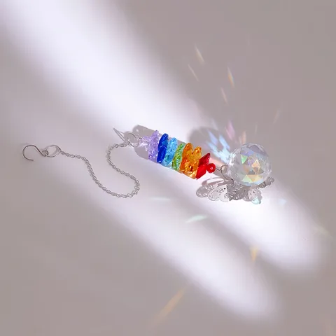 K9 Crystal Suncatcher Hanging Ornament With Metal Butterfly Rainbow Octagonal Beads Faceted Ball For Garden Window Home Decor