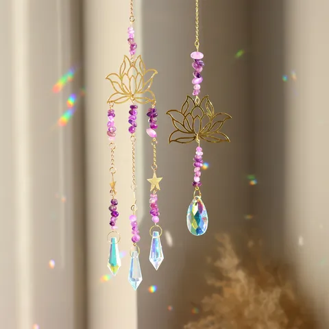 Lotus Crystal Suncatcher Hanging Ornament Natural Amethyst Crushed Stone Alloy Lotus Rainbow Maker Home Garden Window Decor