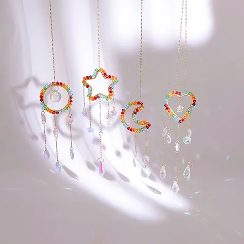 Crystal Suncatcher Rainbow Maker Metal Frame Moon Star Heart Circle Hanging Prism Wind Chime For Garden Window Home Decor Gift