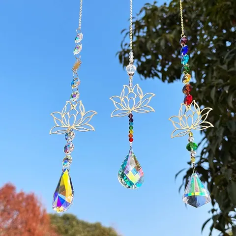 Kristall Sonnenfänger Lotus Windspiel Goldener Hohler Metall Lichtfänger Prisma Regenbogenmacher Für Fenster Garten Outdoor Deko Geschenk