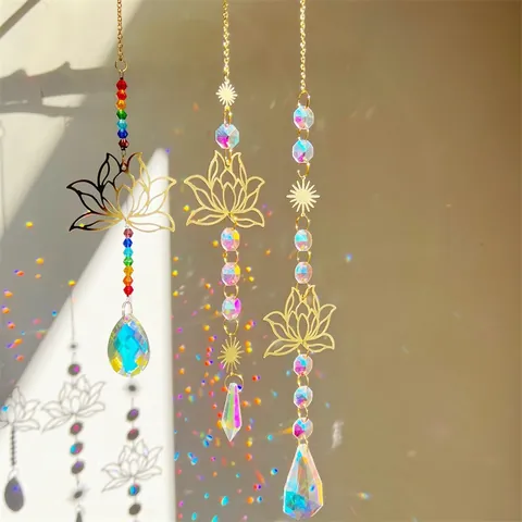 Lotus Crystal Suncatcher Hanging Ornament Natural Amethyst Crushed Stone Alloy Lotus Rainbow Maker Home Garden Window Decor