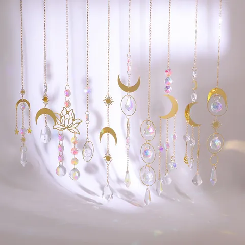 Kristall Sonnenfänger Mond Stern Sonne Lotus Windspiel Hängedekoration Gold Legierung Regenbogenmacher Fenster Garten Deko