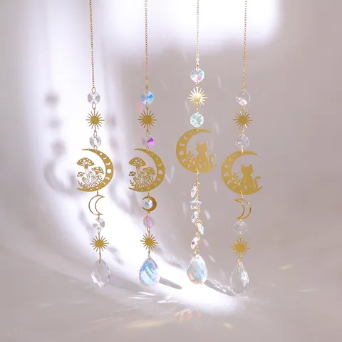 Acchiappasole in Cristallo Dorato Decorazione Appesa Luna Fungo Gatto Sole Design Finestra Giardino Boho Pendente in Cristallo